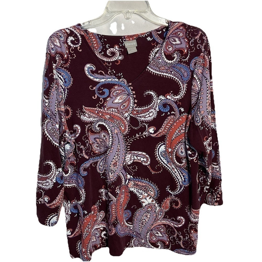 Chicos Large 12-14 (2) Burgundy Floral Paisley Artsy V-neck 3/4 Sleeve shirt